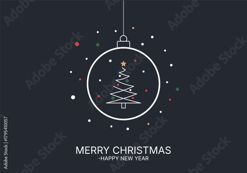 Minimalist christmas ornament with a christmas tree inside on a dark gray background, vector illustration