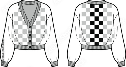 Technical vector illustration of cropped checkered cardigan showing front and back views with button details, ribbed trims, geometric pattern and fashion design elements