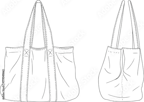 Technical vector illustration of large tote bag showing detailed front and side views with stitching, seams, straps, folds, and soft fabric construction
