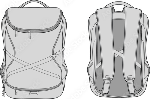 Technical vector illustration of modern travel backpack showing detailed front and back views with straps, zippers, handle, compartments and ergonomic design features