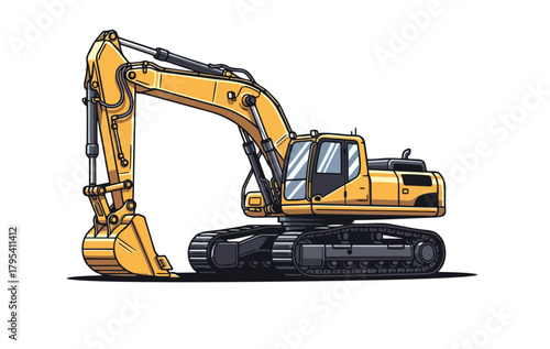 Detailed vector illustration of a yellow hydraulic excavator with tracks (chains) and a large bucket arm.