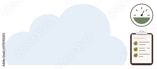 Large cloud with a floating clipboard checklist and progress gauge. Ideal for productivity, data storage, project planning, task tracking, performance review, workflow, simple flat metaphor