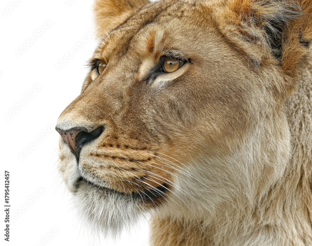 Fototapeta premium Majestic lioness profile wildlife habitat animal portrait isolated on transparent background