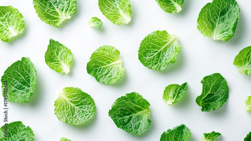 Obraz premium Fresh green cabbage leaves on a white background convey naturalness and are perfect as a natural backdrop for culinary blogs and healthy eating advertisements.