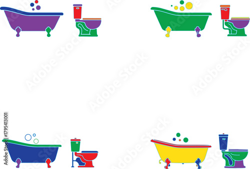 Colorful bathtubs and toilets purple green