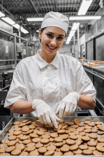 Smiling female confectionery factory worker in hygienic white uniform and gloves, professional portrait inside industrial food production facility.