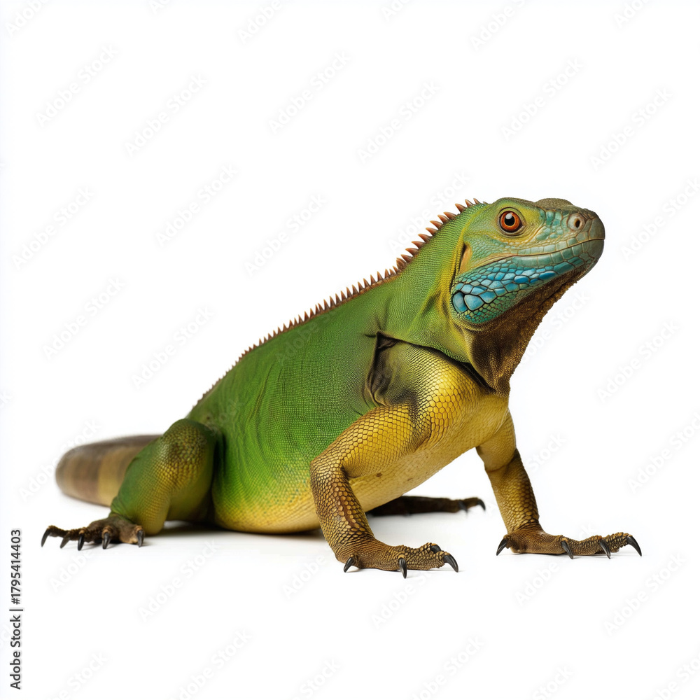 Fototapeta premium Colorful Green Iguana Standing on White