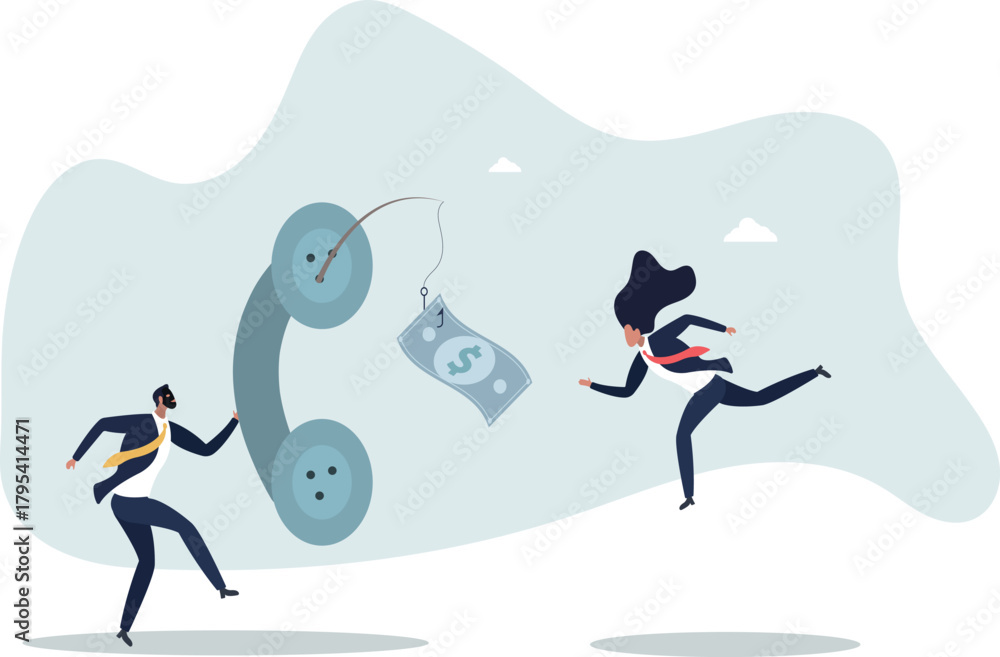 Naklejka premium Phone scam, telephone call lying about fake investment, fraud to steal money from victim, financial crime concept.Life and employment of people.