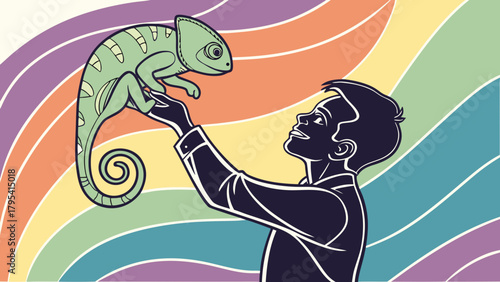 2D Man Holding Chameleon Blending in Colorful Background Vector