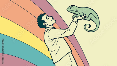 2D Man Holding Chameleon Blending in Colorful Background 