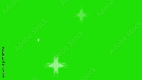 Shimmering twinkle star sparkle animation, white cartoon star doodles flashing brightly across clean green screen, glowing glitter light rays forming a smooth 4K animation.