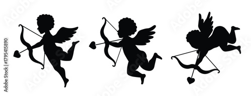 Set of Cupid silhouettes with bows and arrows