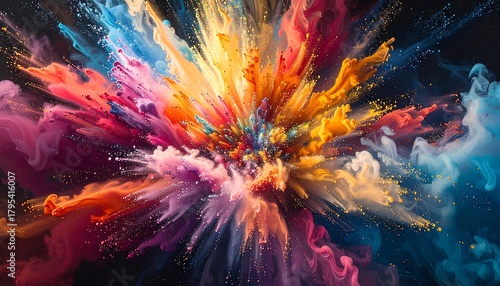 Vivid explosion of colors, like smoke or dust, bursting from the center in abstract forms