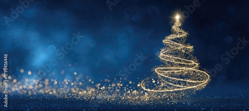 Golden swirling Christmas tree made of sparkling light trails on a dark blue background for festive designs, seasonal marketing visuals, and elegant holiday themes