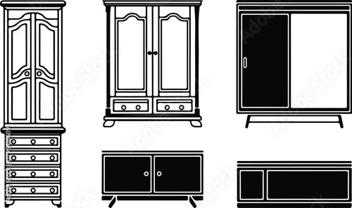 Almirah Icon Set – Wardrobe, Closet, Storage Furniture Symbols Wardrobe & Almirah Icons – Furniture, Home Storage Vector Set