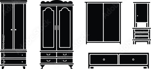 Almirah Icon Set – Wardrobe, Closet, Storage Furniture Symbols Wardrobe & Almirah Icons – Furniture, Home Storage Vector Set