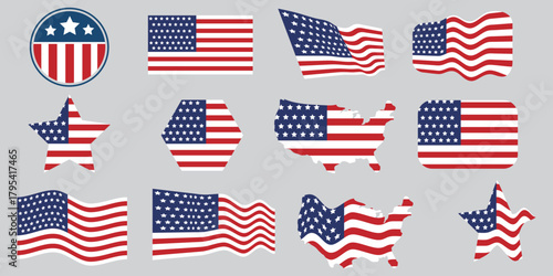 Flag USA set isolated icon. America holidays. 4 july banner in flat style. Veteran day and Memorial day vector illustration