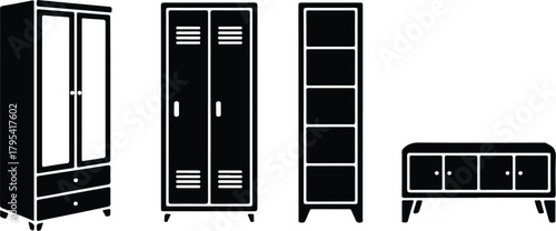 Almirah Icon Set – Wardrobe, Closet, Storage Furniture Symbols Wardrobe & Almirah Icons – Furniture, Home Storage Vector Set