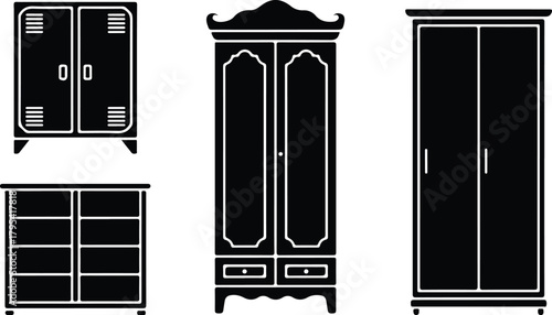 Almirah Icon Set – Wardrobe, Closet, Storage Furniture Symbols Wardrobe & Almirah Icons – Furniture, Home Storage Vector Set