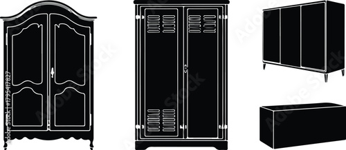 Almirah Icon Set – Wardrobe, Closet, Storage Furniture Symbols Wardrobe & Almirah Icons – Furniture, Home Storage Vector Set