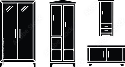 Almirah Icon Set – Wardrobe, Closet, Storage Furniture Symbols Wardrobe & Almirah Icons – Furniture, Home Storage Vector Set