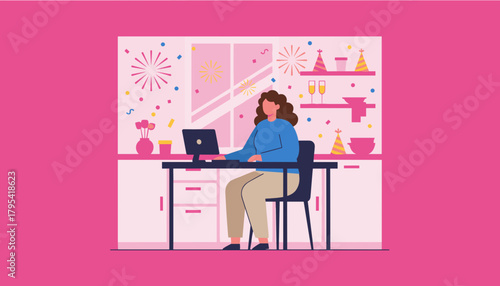 Remote worker using laptop amidst party decorations and confetti Work from home concept