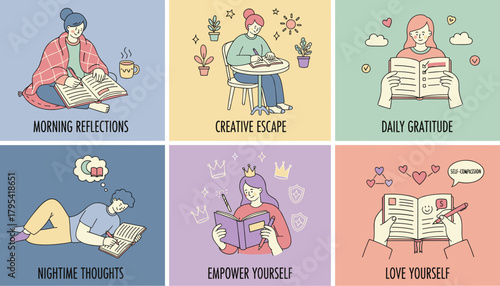 Six illustrations of people journaling for reflection gratitude empowerment and selfcare and wellness