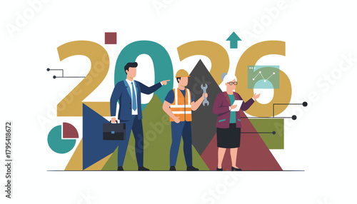 Diverse professionals planning business goals for 2026 Future outlook and economic growth concept