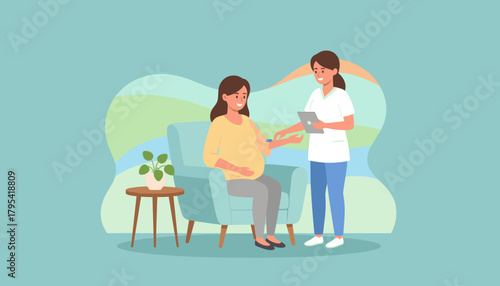 Nurse checks happy pregnant womans blood pressure during maternity checkup Home healthcare