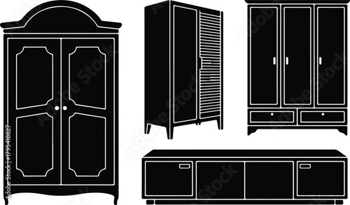 Almirah Icon Set – Wardrobe, Closet, Storage Furniture Symbols Wardrobe & Almirah Icons – Furniture, Home Storage Vector Set