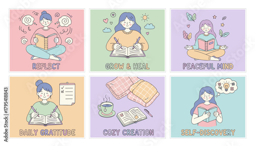 Pastel illustration set for mental wellness reflection selfdiscovery gratitude journaling and peace