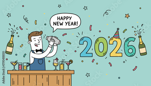 Happy New Year 2026 illustration Bartender cocktails champagne and festive party confetti