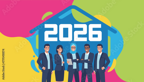 Diverse business team and the year 2026 in a house icon symbolizing planning and growth