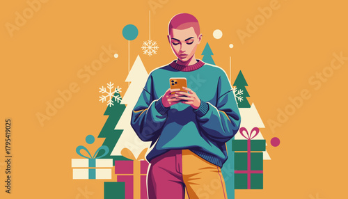 Person textingshopping online with phone amidst Christmas gifts and snowflakes in a modern illustration