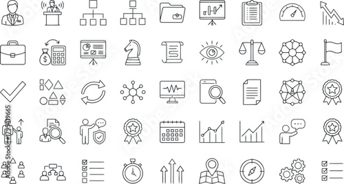 Assortment of handdrawn icons for business strategy, management, and success