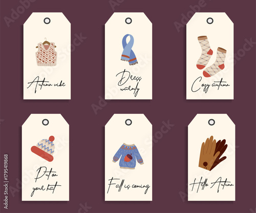 Autumn gift tags. Tags with images of socks, sweaters, gloves, and hats. Vector illustration Product for seasonal clothing design