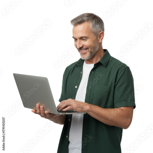 Concentrated mature man using laptop with genuine smile on transparent background