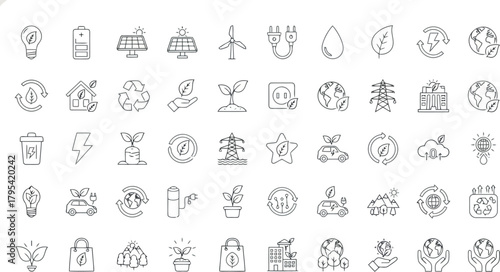 Collection of ecofriendly and sustainability icons, including renewable energy, recycling, and nature symbols