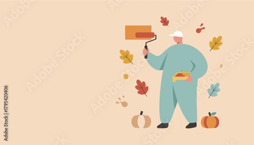 Autumn renovation illustration Worker painting wall with seasonal colors and falling leaves