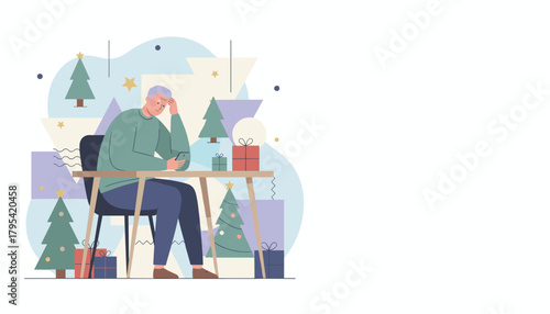 Worried elderly man checking phone during Christmas reflecting holiday stress and seasonal depression