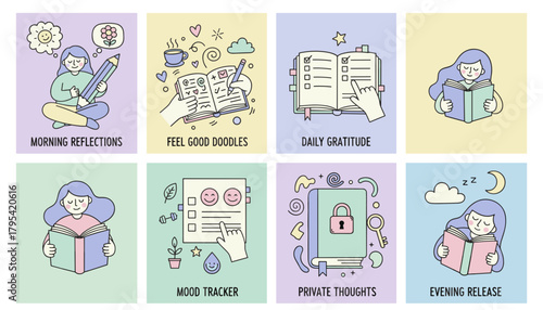 Daily journaling and selfcare routine set reflection gratitude mood tracking and reading illustrations