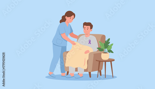 Nurse assists patient recovering at home wearing a purple awareness ribbon for support