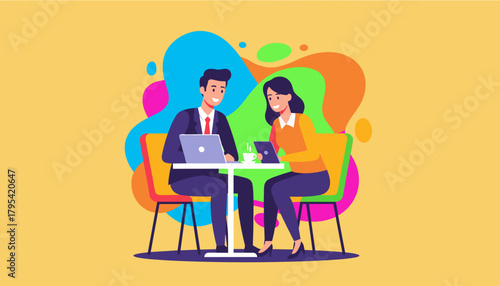 Business teamwork illustration two professionals collaborating remotely with laptop and tablet