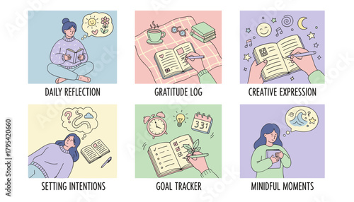 Selfcare and wellness routine set Journaling goal tracking reflection and mindful moments