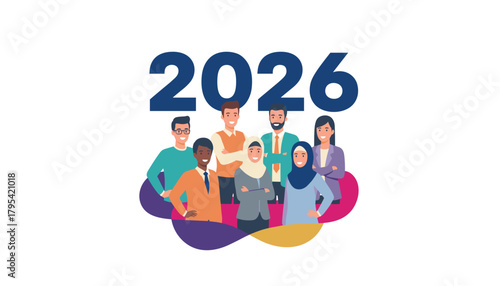 Diverse business team stands under 2026 representing future vision success and teamwork