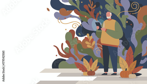 Elderly man uses a glowing smartphone in an abstract autumn garden Focus on technology and digital life