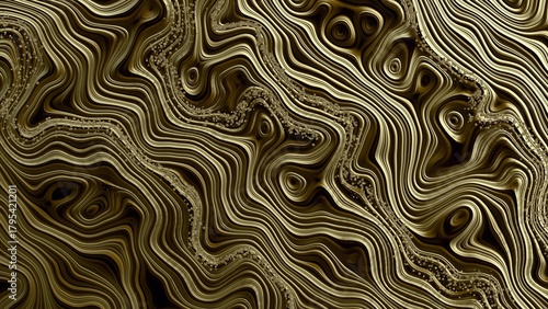 Wavy pattern with veins and placers of small golden stones, diamonds. 3D render.