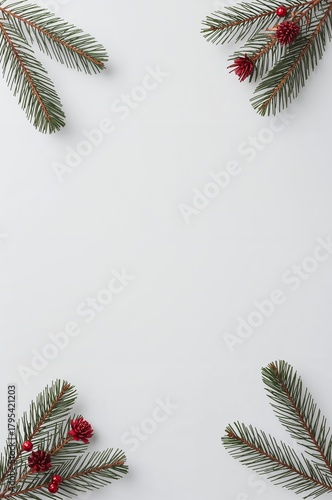 Minimalist Christmas Background with Fir Branches and Red Decorations – Clean Holiday Frame Template for Cards, Social Media, Invitations, Branding and Winter Marketing Designs
