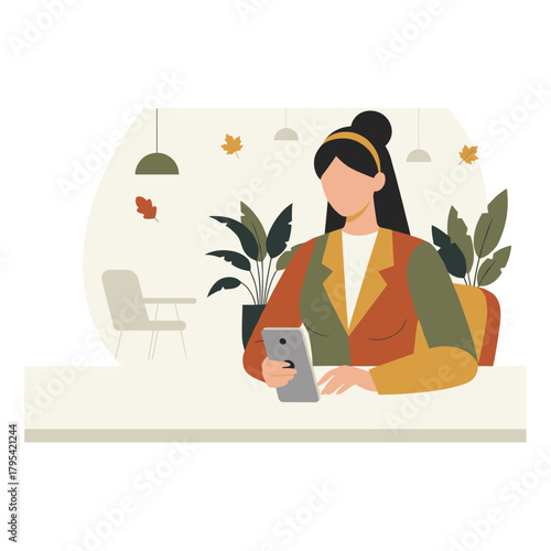 A businesswoman uses her smartphone in a cozy cafe during autumn illustrating modern communication