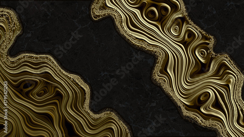 Abstract composition of black marble texture and wavy pattern with veins and placers of small golden stones, diamonds. 3D render.